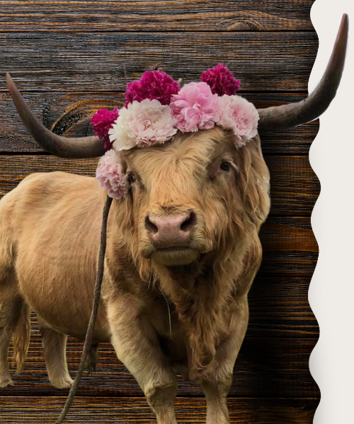Cow with a floral headband against a wooden background | Alaska Beauty Peony Cooperative | Homer, AK